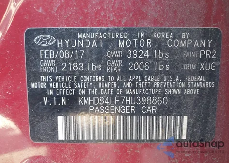 2017 Hyundai Elantra Se from USA, damaged, VIN KMHD84LF7HU398860
